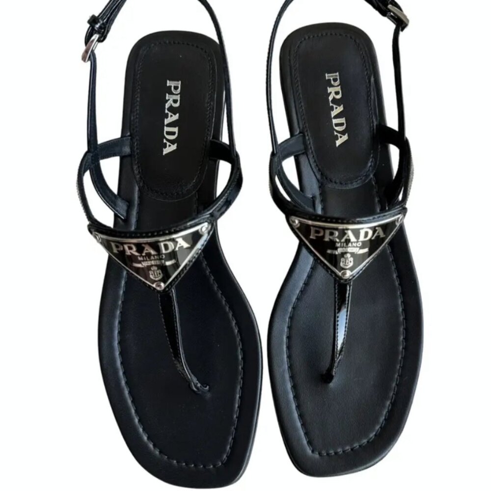 Prada Leather logo Sandals 39.5  $900 Lg triangle emblem with Box